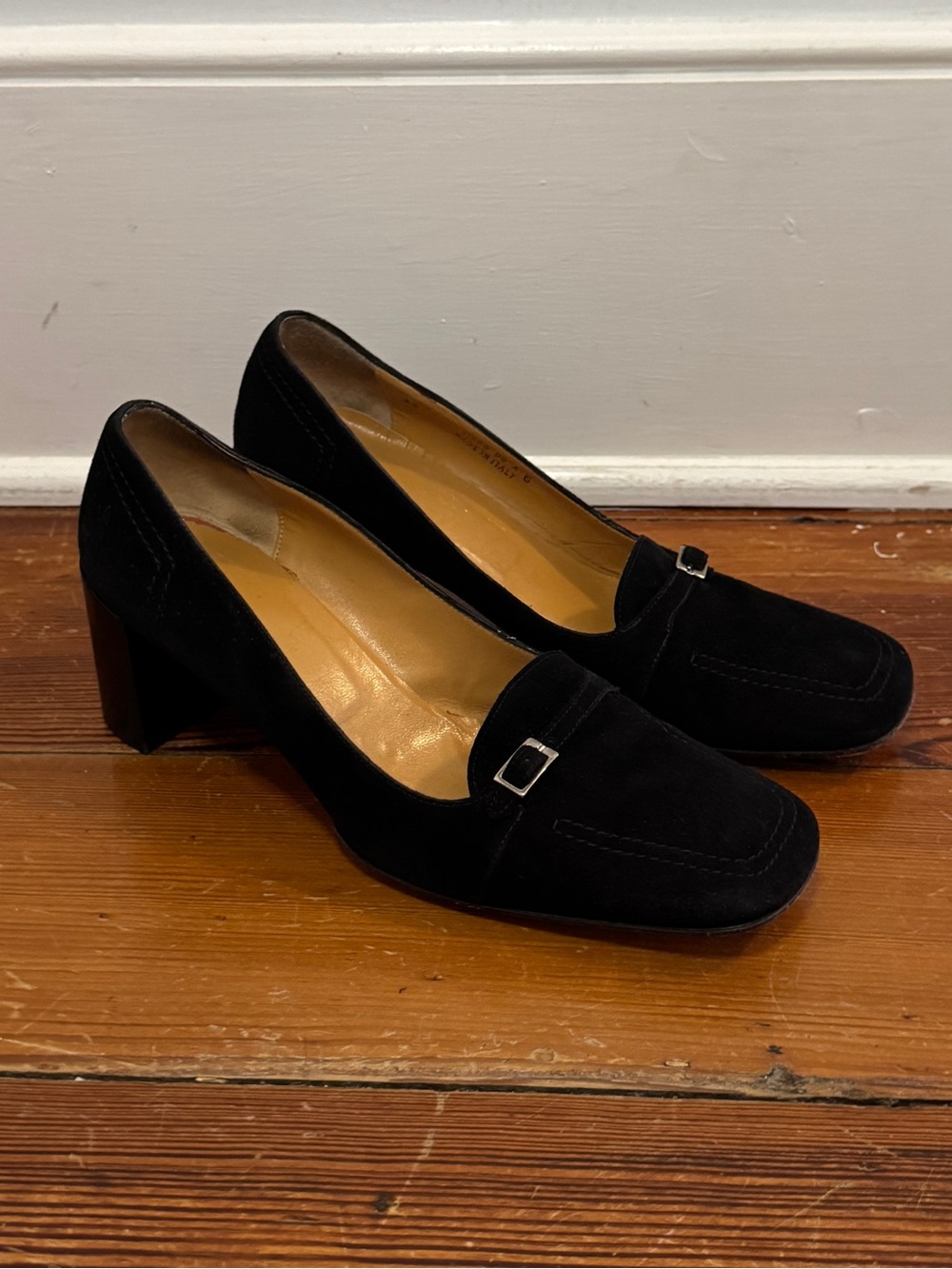 Vintage Bally Black Suede Leather Buckle Loafer Block Heels Made in Italy 5.5